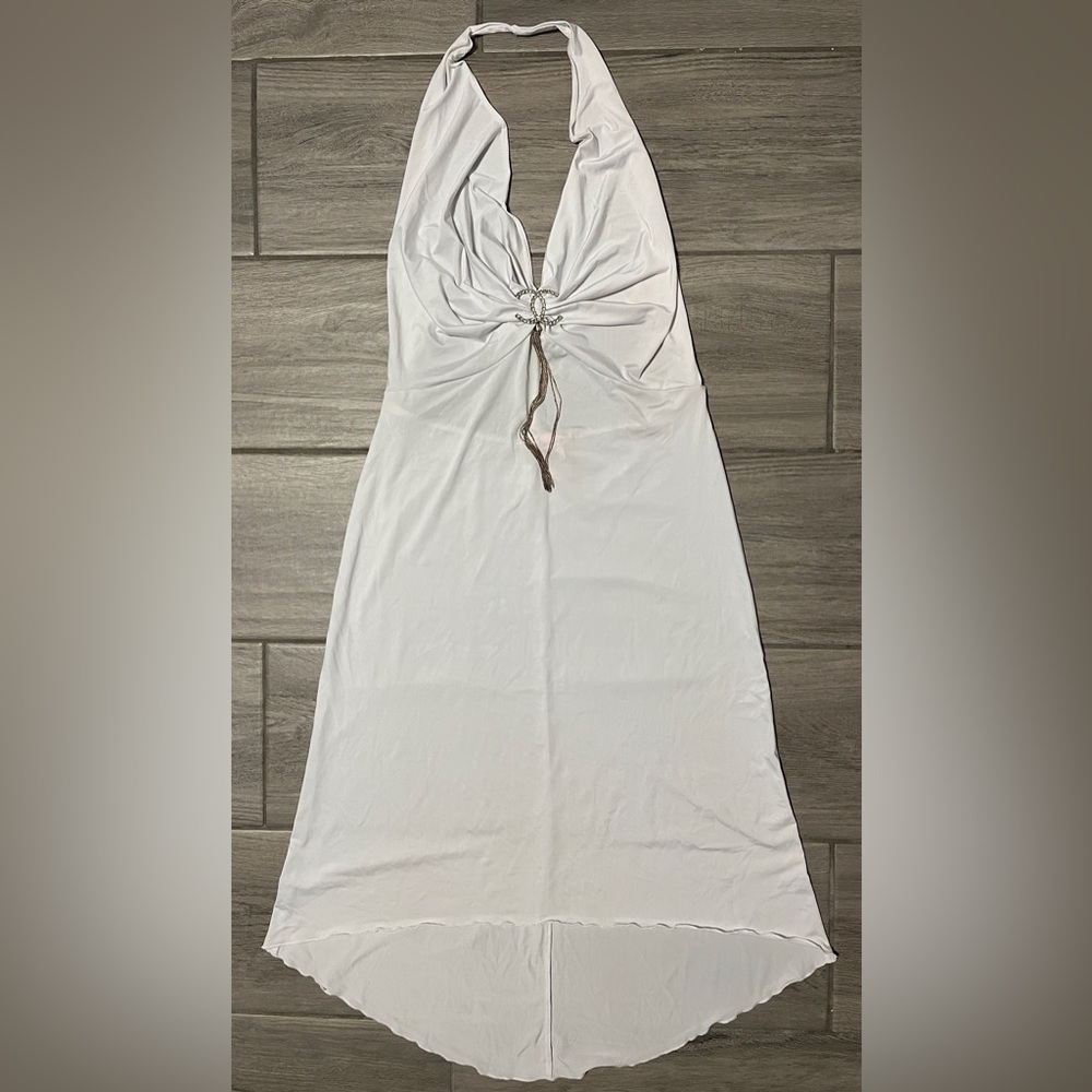 Beatrice Youth Sz L White Halter Cut of Back Stretch Dress